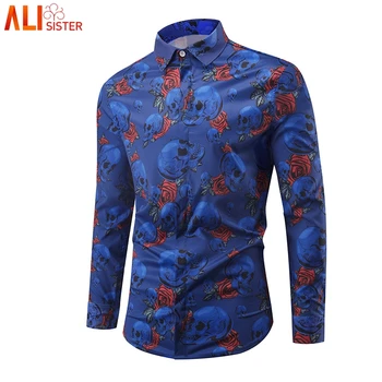 

Alisister Rose Skull Print Casual Shirt 2020 Autumn Winter Long Sleeve Men's Shirts Camisa Vintage Floral Male Slim Clothing