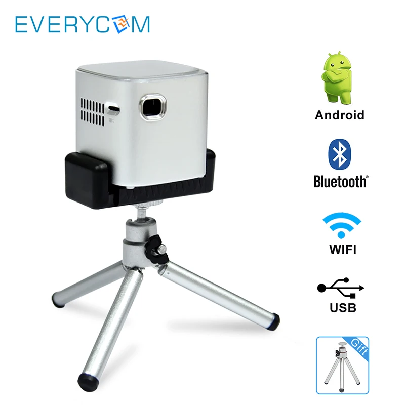 Everycom D019 Mini Pocket DLP Projector HD WIFI Bluetooth Android 7.1 LED Projector Portable with Battery USB Support 1080p