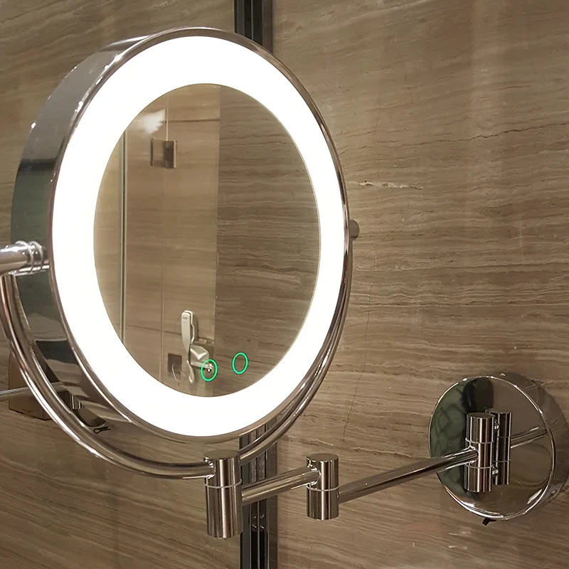 

8"Wall Mounted Led Makeup Bath Mirror Metal Extending Folding Double Side Round LED Light Vanity Mirror 5x Magnification