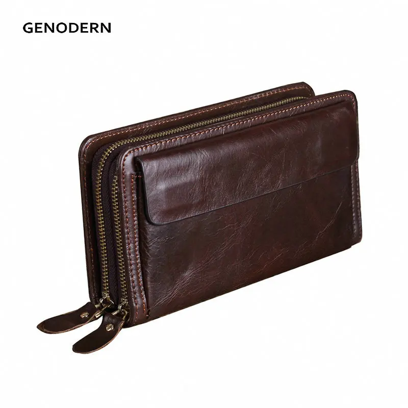  Brand Double Zipper Men Wallets with Phone Bag Vintage Genuine Leather Clutch Wallet  Male Purses Large Capacity Men's Wallets 