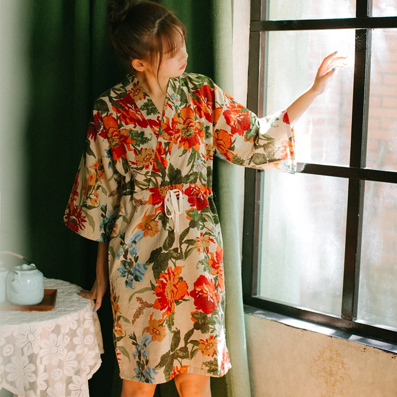 

2019 women japanese leaves kimono robe women nightdress 100% cotton ladies sleepshirts bathrobe for women dressing gown