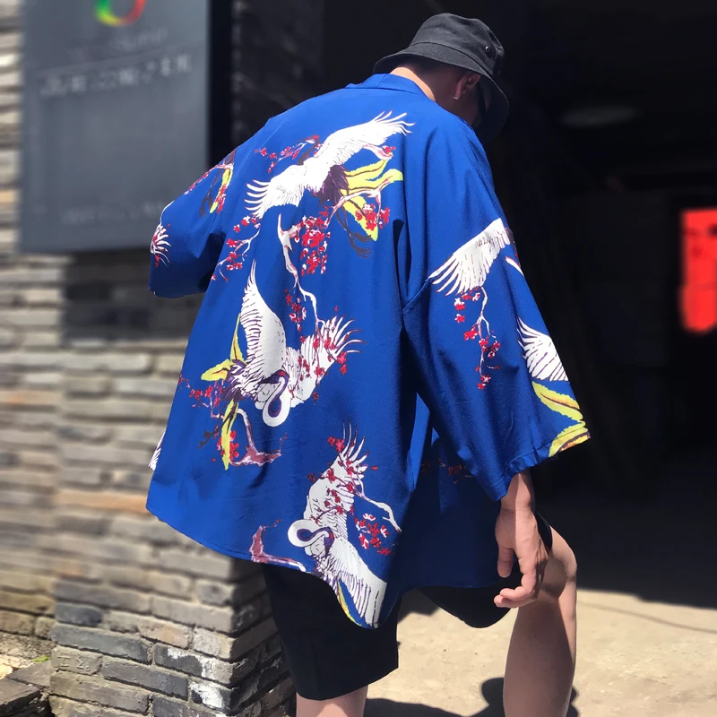Japanese Style Harajuku Crane Plum Blossom Print Kimono Jackets 2018 Autumn Casual Mens Streetwear Jacket Coat Summer Thin Gown Japanese Style Harajuku Crane Plum Blossom Print Kimono Jackets 2018 Autumn Casual Mens Streetwear Jacket Coat Summer Thin Gown