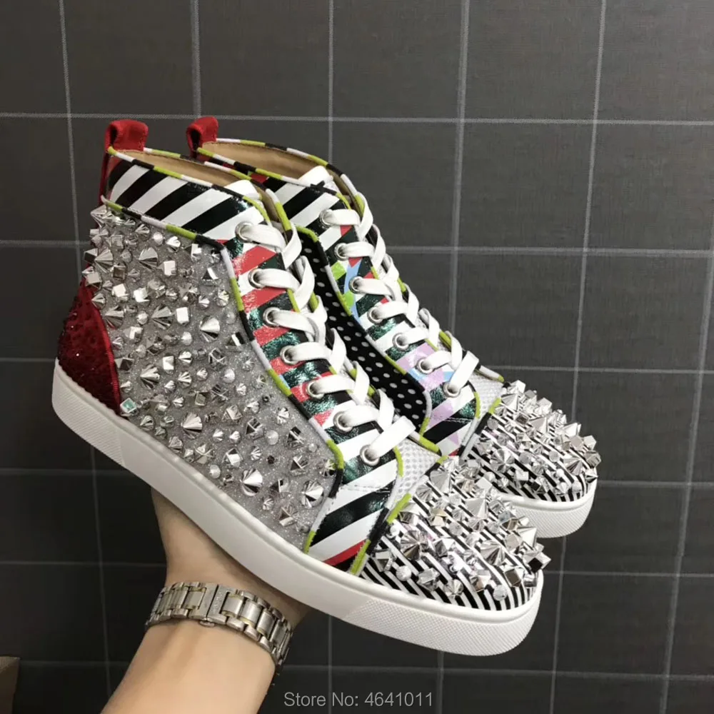 

High Cut Leisure cl andgz Lace up Leopard silver leather Shape Rivets Red bottom For Men Shoes Sneakers casual Flat Loafers