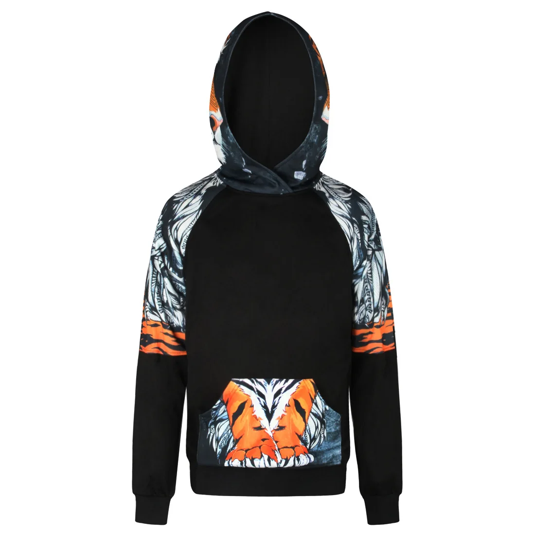 Autumn/Winter Fashion Tiger Pattern Digital Printing With Hood Black Fleece Men/Women Hooded Hoodies With Cap S-3XL