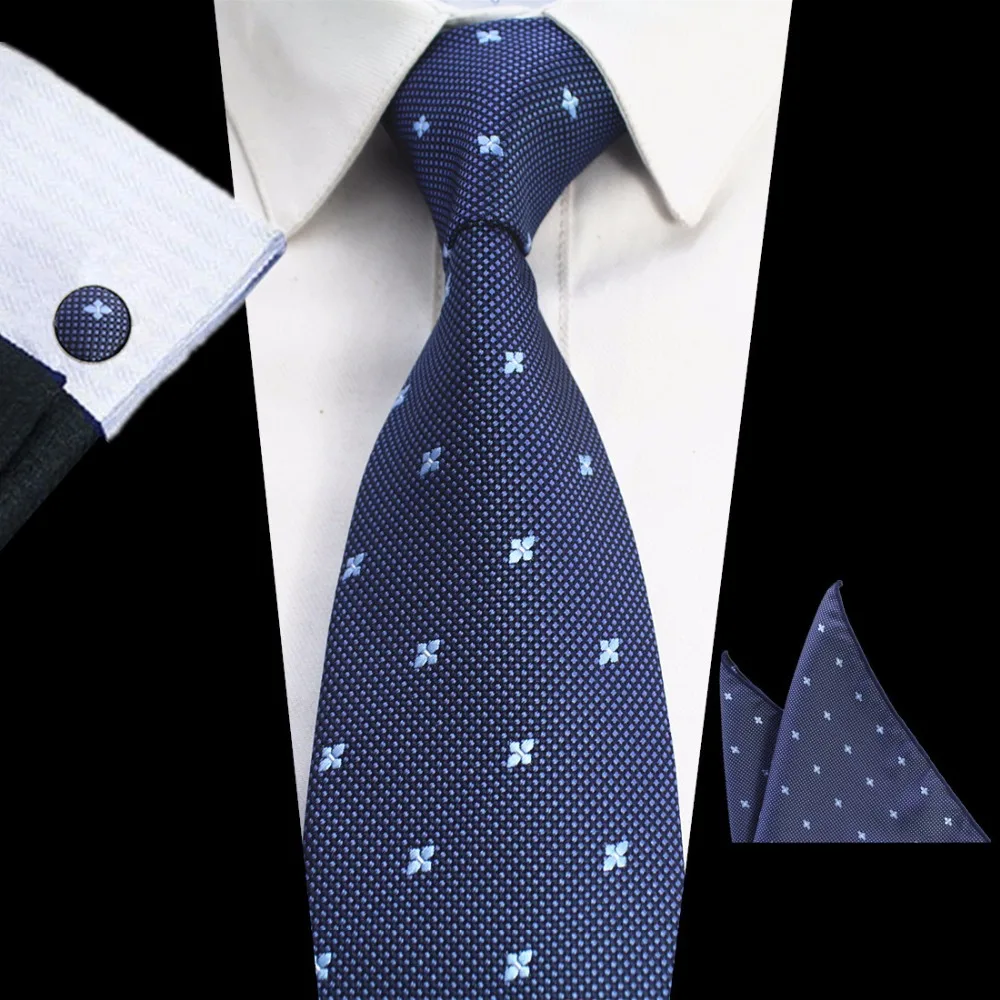 GUSLESON 8cm Plaid Striped Tie Set Jacquard Woven Mens Necktie Hanky Cufflinks For Wedding Party