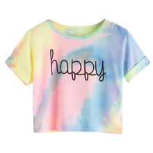 Letra feliz impreso Tie tinte dibujo nudo frontal Casual niñas camisetas niños 2019 verano Cap manga Colorblock niños Casual camisetas