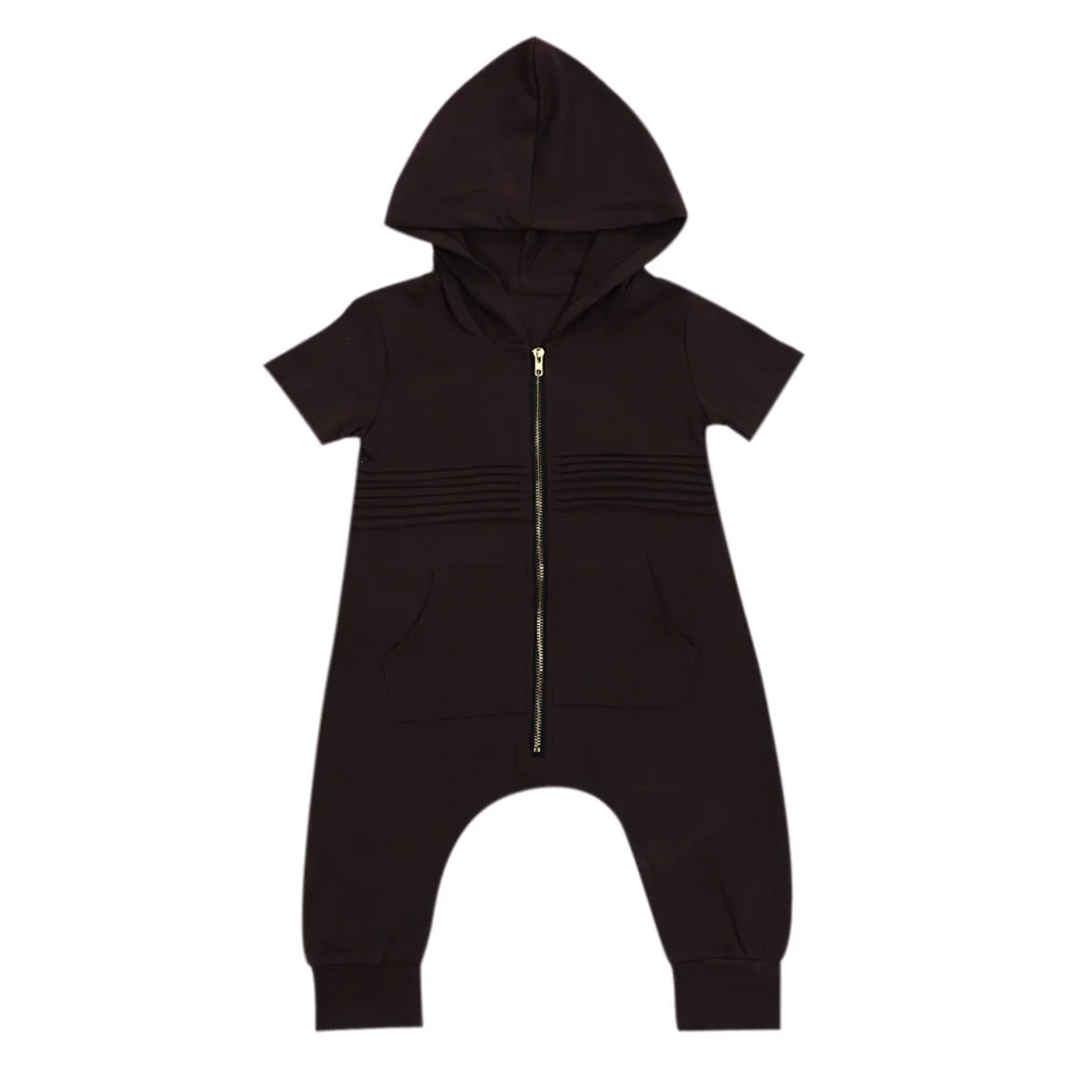 

Newborn Infant Boys Clothing Romper Short Sleeve Hooded Zipper Pocket Fashion Baby Boy Romper Jumpsuit Outfit 0-24M