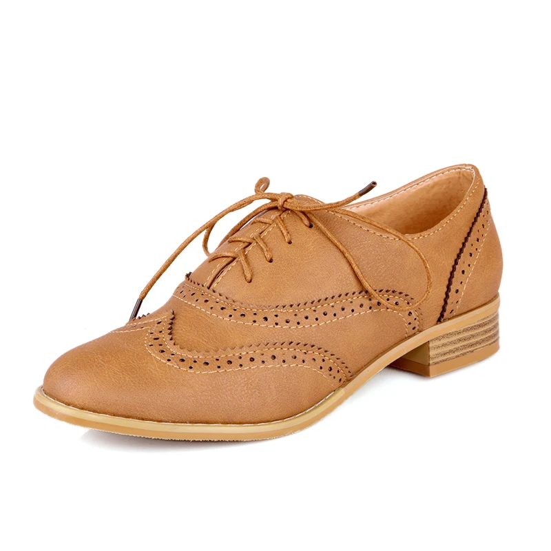

New Fashion Round Toe Carved Brogue Oxford Shoes For Women Vintage Lace Up Women Oxfords Big Size 34-43 Ladies Casual Flats