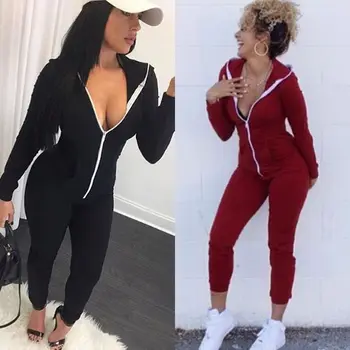 

Fashion Women Suit Bodysuit Casual Long Sleeve Zipper Hooded Bodycon Jumpsuits Cotton Playsuit