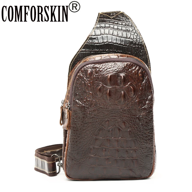

COMFORSKIN Men Messenger Bags Guaranteed 100% Cow Leather Embossed Crocodile Pattern New Arrivals Vintage Men Zipper Chest Bags