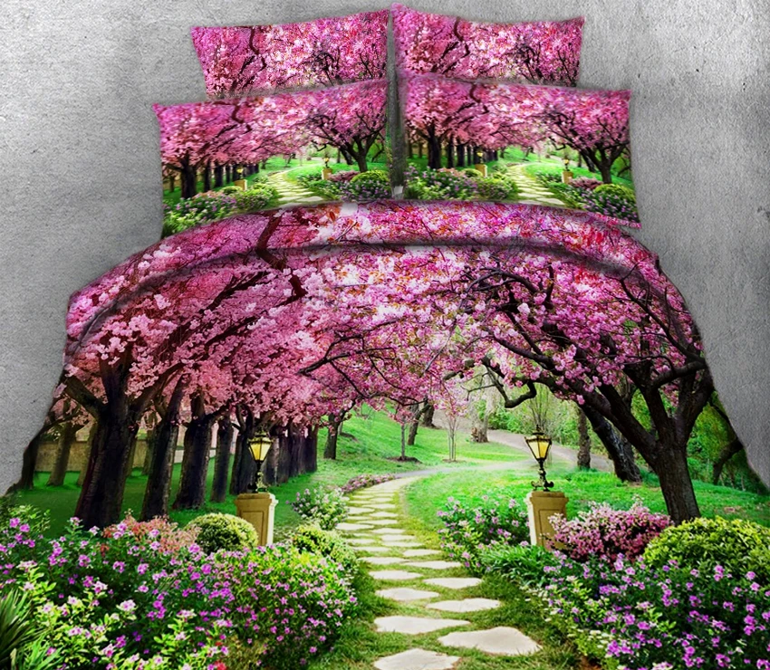 

Pink flowers in green woods 3d effect photo bed linen can be customized photo pattern