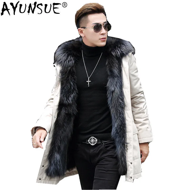 

AYUNSUE Men Real Raccoon Fur Liner Coat Winter Jacket Men Raccoon Fur Collar Long Coat Plus Size Parkas D-29-W-LP002 MY1174