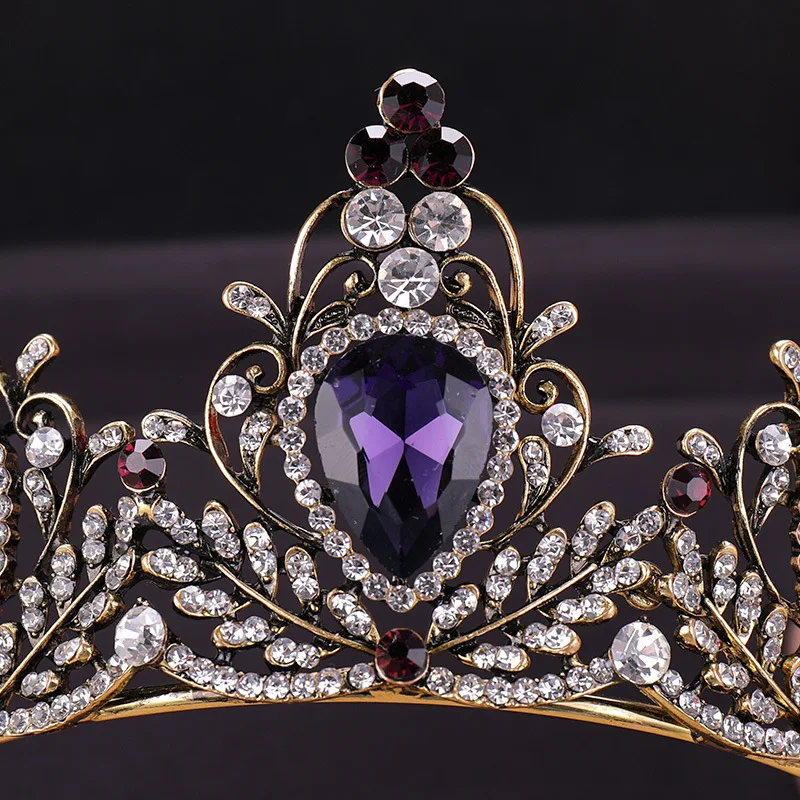 Барокко Винтаж золото фиолетовый кристалл сердце свадебные диадемы Короны из горного хрусталя Театрализованное диадема, Корона ободок для волос Свадебные аксессуары для волос