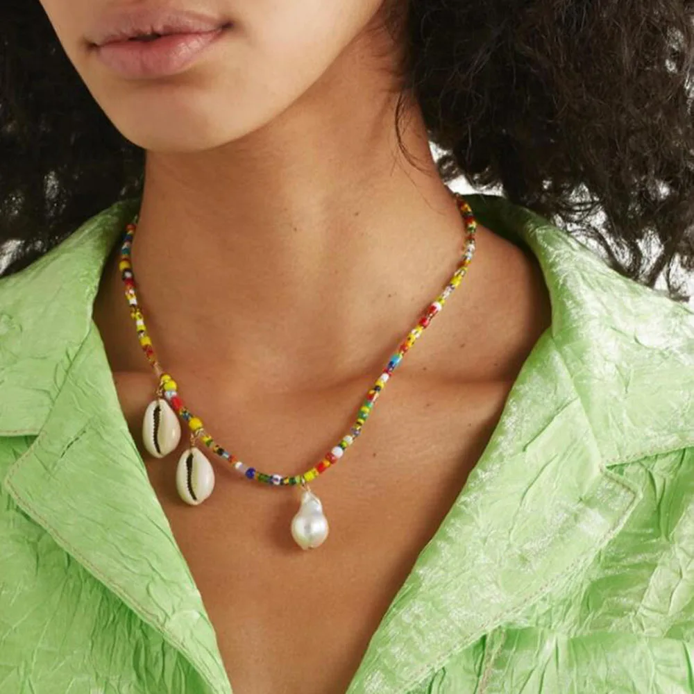 

Bohemian Colourful beads Shell Pearl Pendants Necklaces for Women Geometric Choker Necklace Collar Summer Beach Fashion Jewelry