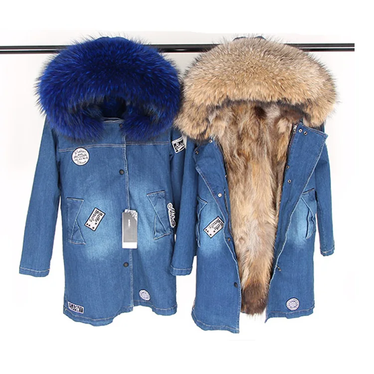 

Brand Real Fur Coat Winter Jacket Women Denim Parka Natural Fox Fur Liner Real Raccoon Coat Thick Warm Streetwear Casual Luxury