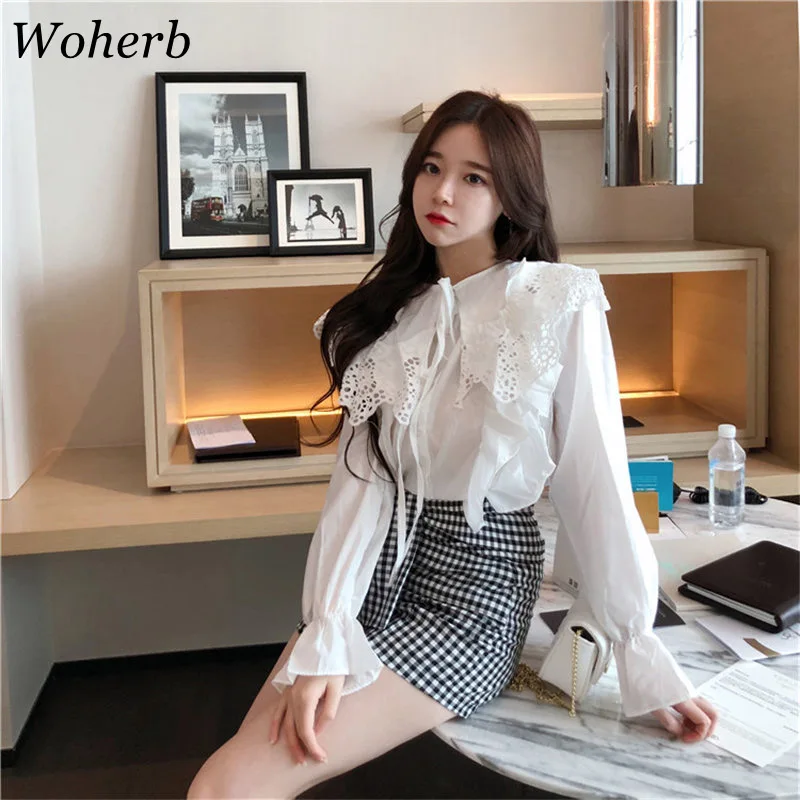 

Woherb Women Casual White Shirt Elegant Ruffle Lace Blouse Korean Streetwear Ladies Tops Bandage Blusas 2019 Summer 20928