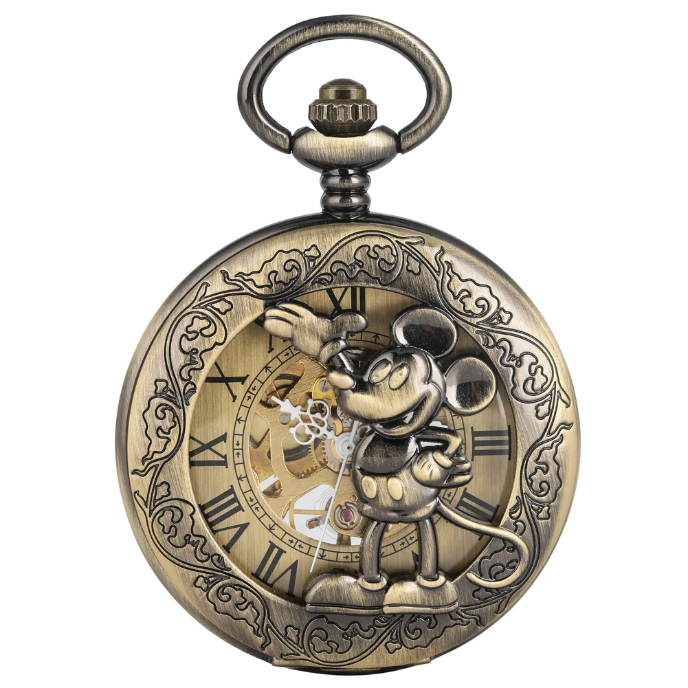 

Men's Bronze Mickey Mouse Hollow Out Mechanical Pocket Watch Premium Alloy Thick Chain Roman Numeral Pocket Watches