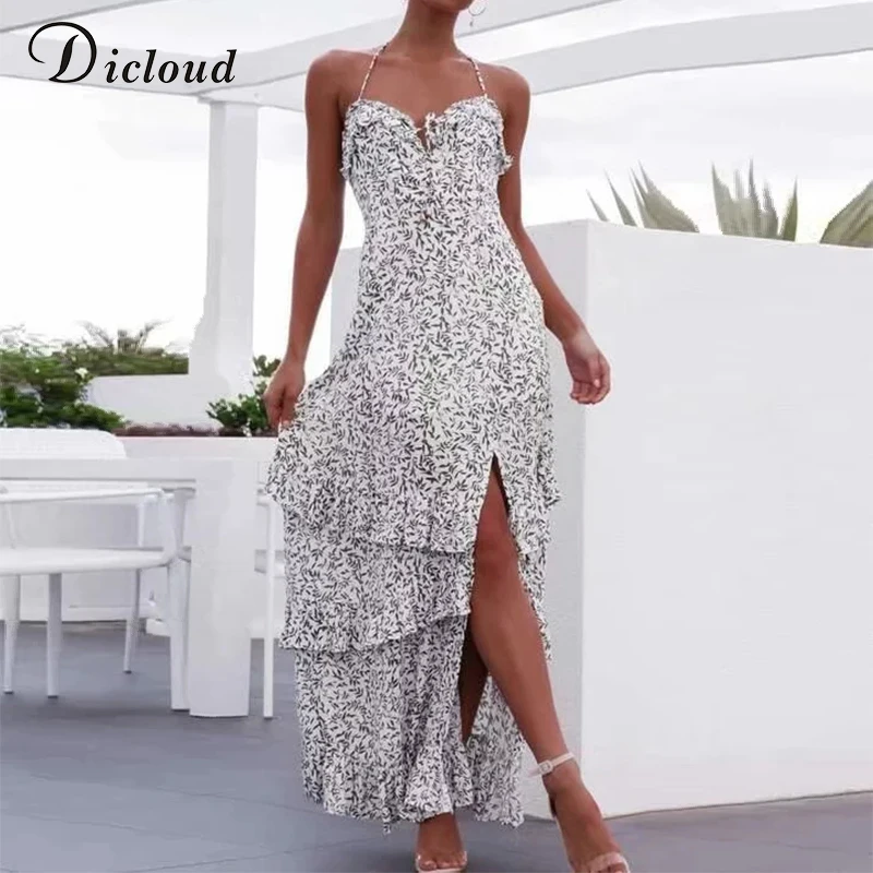 

Dicloud Sexy Boho Print Maxi Halter Dresses Women Summer High Split Backless Beach Party Long Bohemian Dresses 2019 Sundress