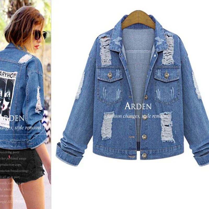 2016 Bf Harajuku Casual Jeans font b Jacket b font Back Doodle Young Girl Head Portrait