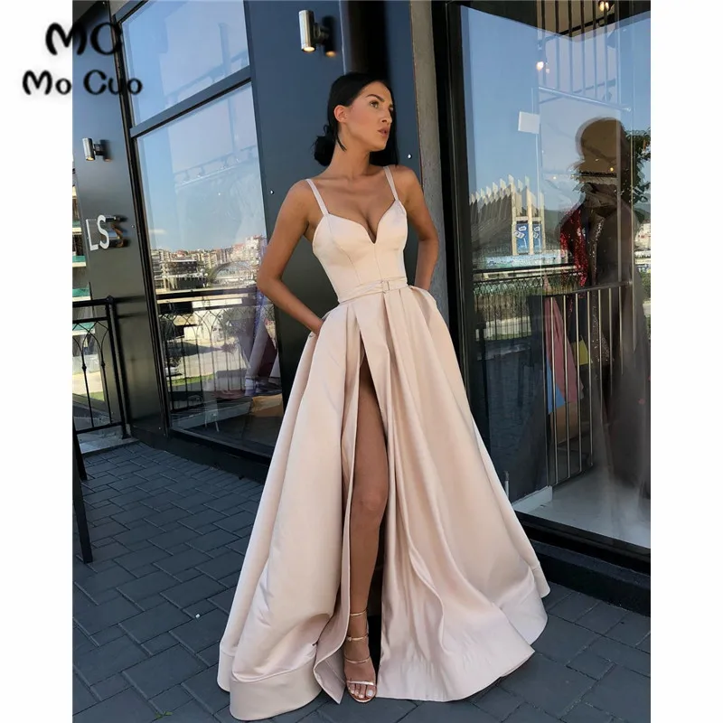 

In Stock 2019 Ready Ship Spaghetti Straps Evening Dresses Long with Pockets Front Split Robe de soiree Evening Party Dresses