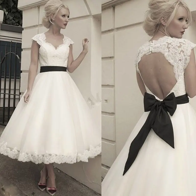 

Thinyfull Sweetheart Backless Lace Vesidos De Novia A-Line Wedding Dresses Black Bow Tea Length Robe de Marriage Bridal Gowns