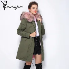 YOUMIGUE Women’s Multicolor raccoon fur collar hooded long coat parkas outwear fur lining winter jacket jaqueta feminina inverno