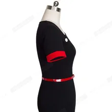 Retro Pure Black Formal Office Dress Women Irregular Neckline Short Turn-Down Sleeve Button Sashes Bodycon Midi Dress B350