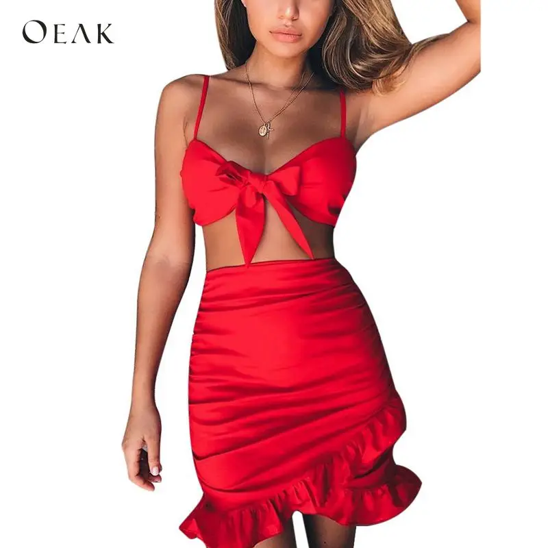 

OEAK Summer Sexy Sleeveless Ruffles Bodycon Dress Women V-Neck Bow Tie Two Pieces Set Dress Female Mini Party Club Beach Vestido