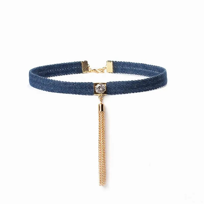 Unique Design Blue Denim Leather Choker with Chain Tassel Fashion T