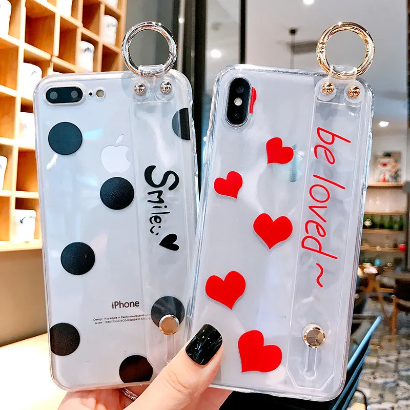 

Love Heart Dots Case for IPhone X XR XS Max Wrist Strap Stand Holder Transparent Phone Cover for IPhone 8 7 6 6S Plus Case Coque
