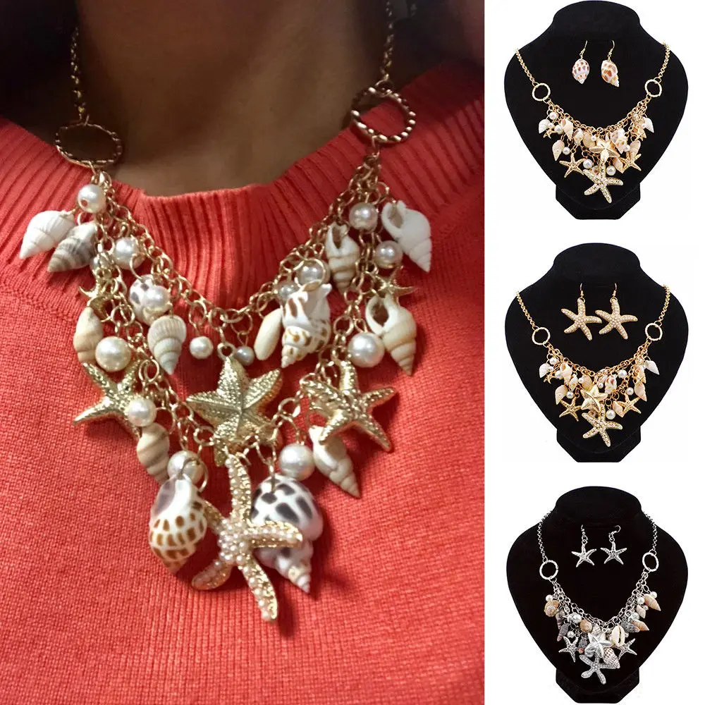 Lot Starfish Sea Snail Earrings Necklace Bracelet Suit Pearl Shell Double Sautoir Charm Conch Seashell Drop Earring Jewelry Sets