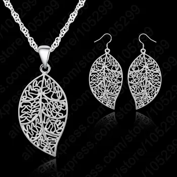 

Trendy 925 Sterling Silver Jewelry Sets leaves Earring Hook And Leaf Pendant Necklaces+18" Singapore Chain Top Quality