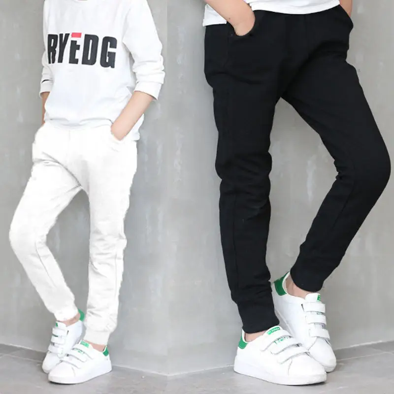 

2019 Children Boys Trousers Cotton Spring Single Layer Sports Pant Casual Fall Winter Solid White&Black Warm Add Wool Sweatpants