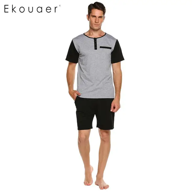 Ekouaer Men Pajama Sets Nightwear O-Neck Casual Short Sleeve Tops And Shorts Sleepwear Male Sleep Clothing Homewear Plus Size
