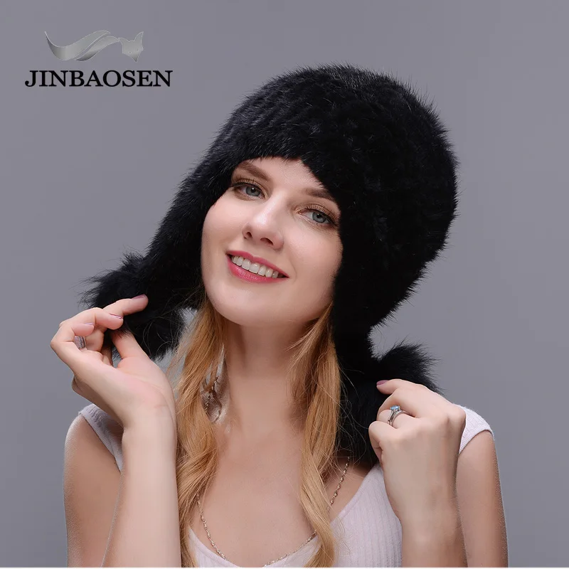 Женская зимняя теплая шапка JINBAOSEN черная из меха лисы вязаная шерстяная защита