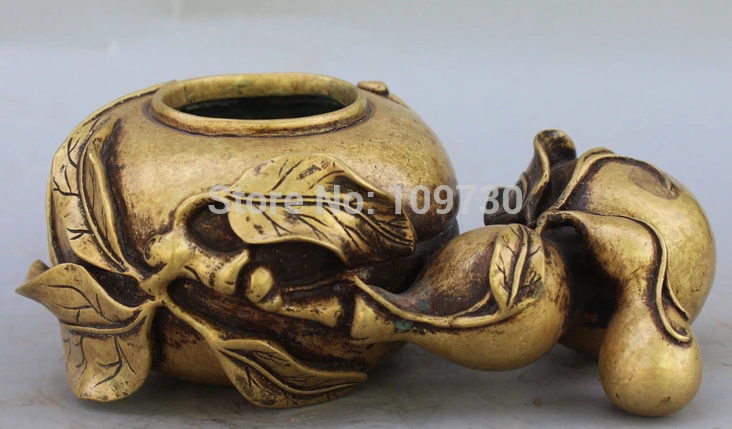 

003352 8" Chinese Pure Bronze Auspicious Gourd peaches incense burner Censer Statue