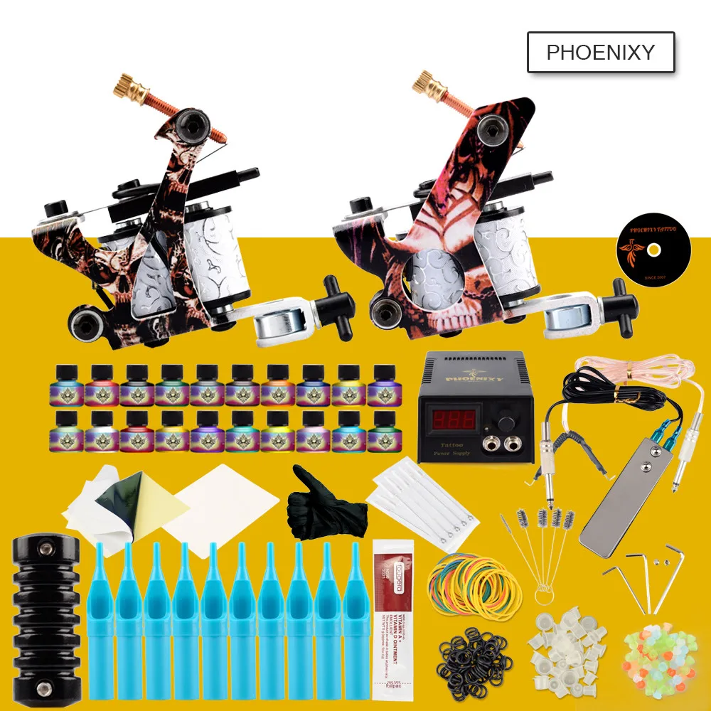 

Professional Tattoo Kit 2 Tattoo Machines Gun Set 20 Colors Ink Sets LCD Power Supply Needles Grips Permanent Make Up Tattoo Set