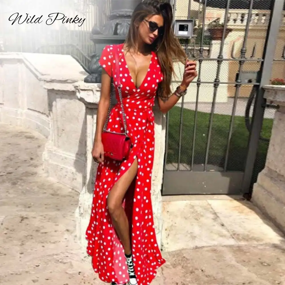 WildPinky Boho горошек длинные платья Для женщин Разделение короткий рукав Летнее Повседневное платье уличная Черный Макси платье Vestidos