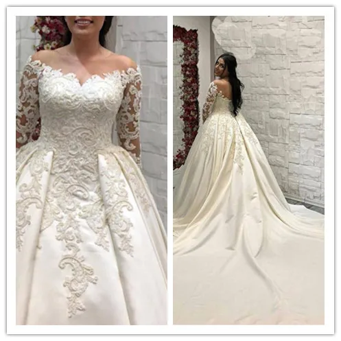 Vintage Jewel Neck A Line Satin Wedding Dresses Long Sleeves Appliques Bridal Gowns wedding gown Vestido de Noiva Plus Size