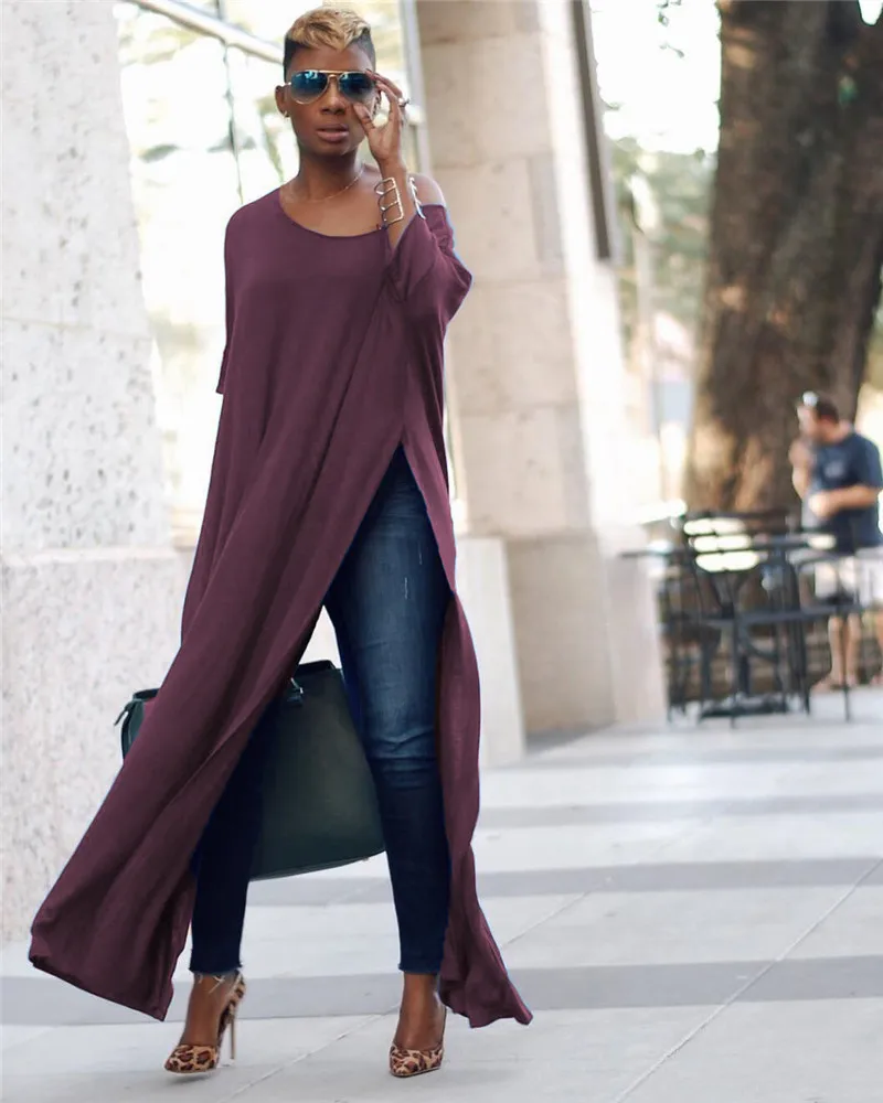 

New Arrival One Shoulder Casual Fall Dresses Long Sleeve Cotton Ladies Asymmetrical Neck Loose Split Day Dresses Vestidos Longo