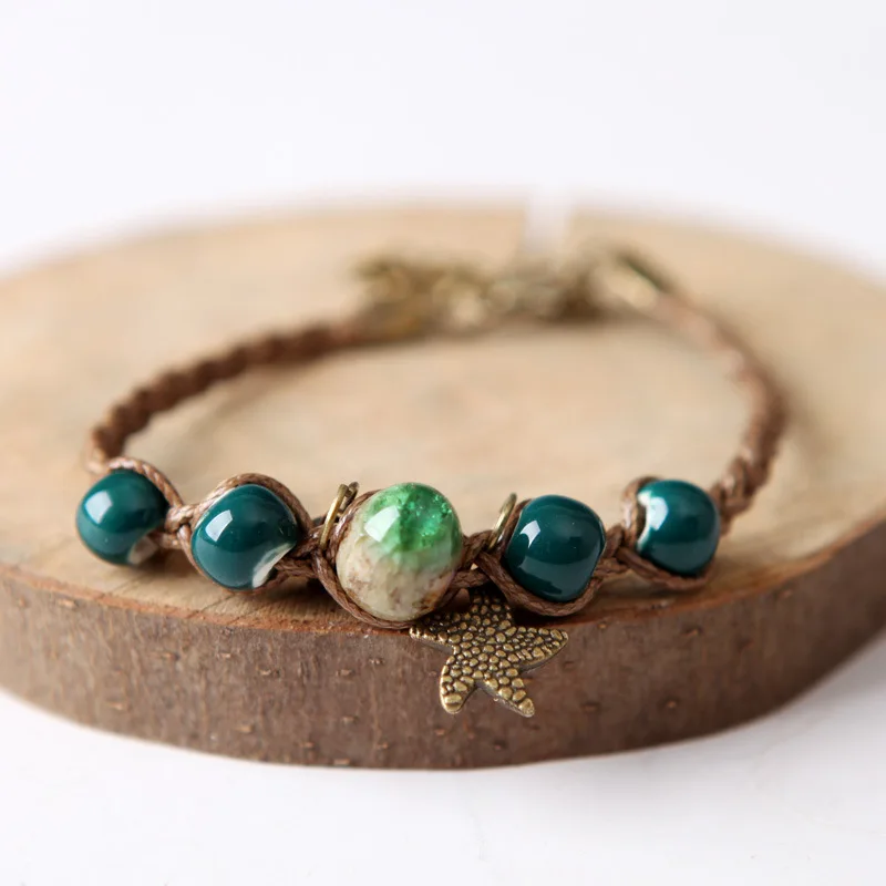 

Vintage Ceramic china natural stone charm starfish bracelets Ethnic retro boho Handmade star bell beads bangles woman jewelry