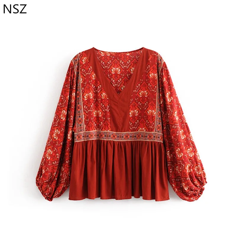 

NSZ Women Print Shirt Summer Cotton Boho Blouse Long Sleeve Sexy V Neck Loose Casual Top Red Ladies Top Bohemian Style Clothes