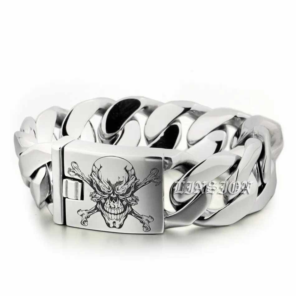 

Deep Engraved Pirate Skull Huge Heavy 316L Stainless Steel Mens Boys Biker Rock Punk Curb Link Bracelet 5C105
