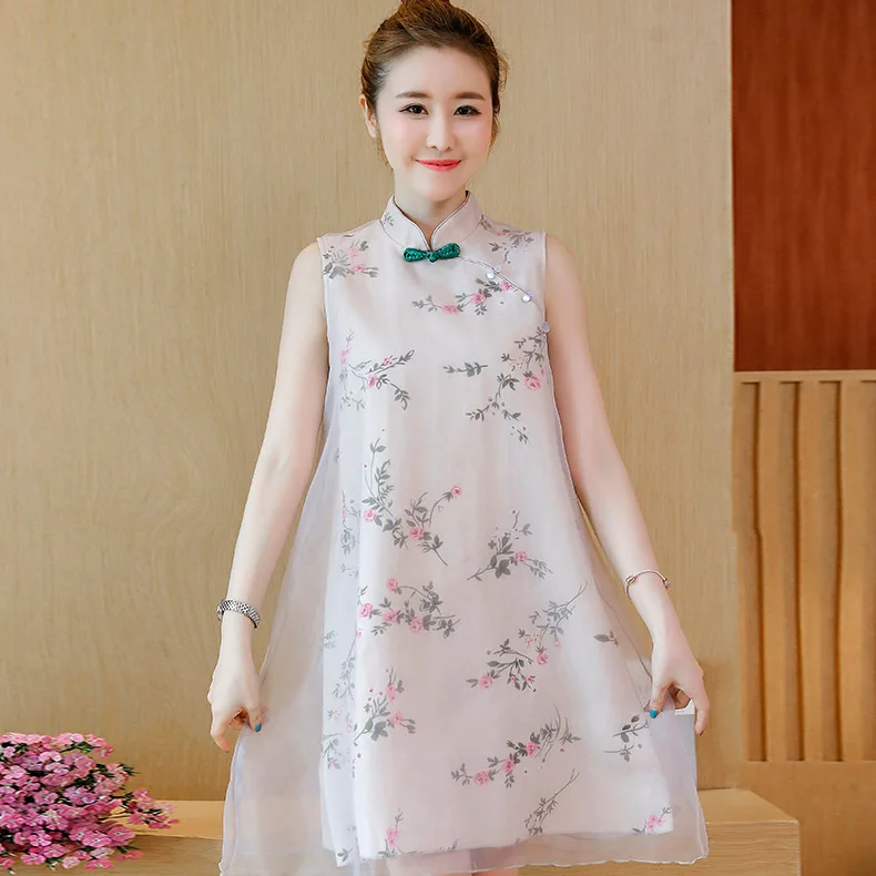 Новое Женское платье из органзы с принтом в китайском стиле, лоскутное платье с подвеской из бисера, с высокой талией, на молнии, платье размера плюс D8D802I