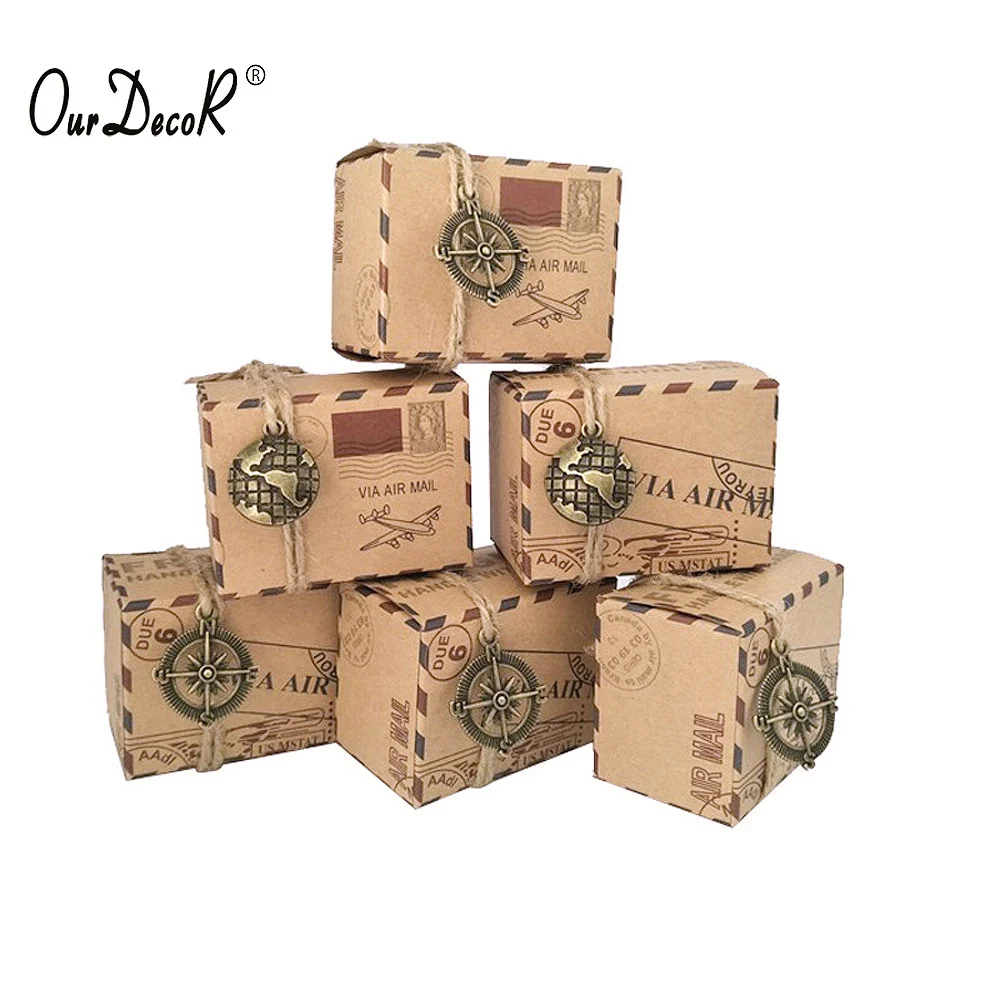 

100pcs Vintage Favors Kraft Paper Candy Box Travel Theme Airplane Air Mail Gift Packaging Box Wedding Souvenirs scatole regalo