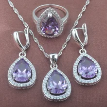 925 стерлингового серебра набор украшений для женщин Weedding Фиолетовый Цирконий капли воды серьги/кулон/ожерелье цепь/кольцо TZ0567