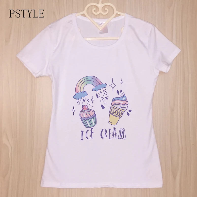 

Summer Rainbow Ice Cream Print Womens T shirt Fresh Style Short Sleeve Simple Design Tees Shirt For Lady Girls Basic White Tops