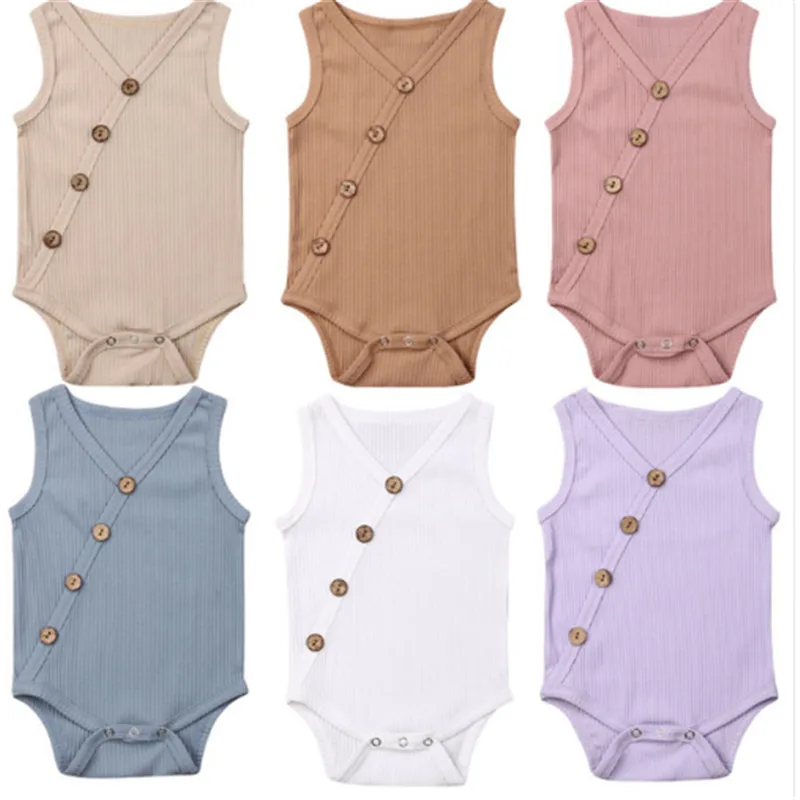 

2019 Summer Newborn Toddler Boys Girls Rompers Solid Colors Jumpsuit Cotton Button V-neck Sleeveless Knitted Rompers Outfits