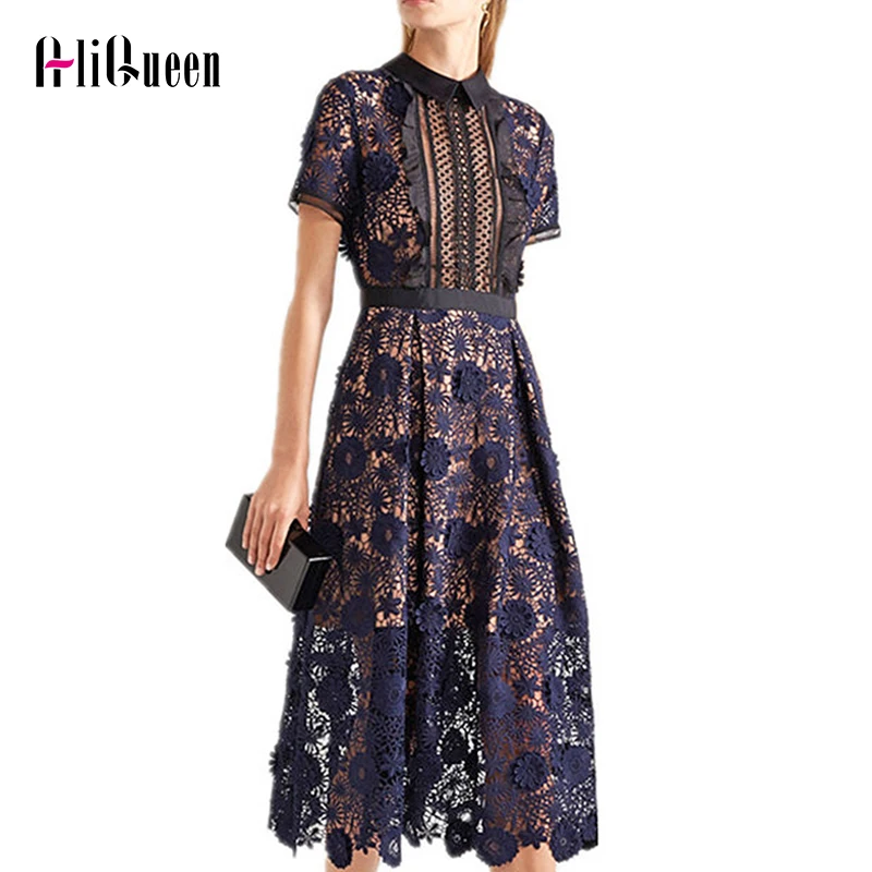 

Self Portrait 2019 Summer Women Dress Fashion Elegant Short Sleeve Lace Hollow Out Patchwork Female Midi Calf Party Runway Dress