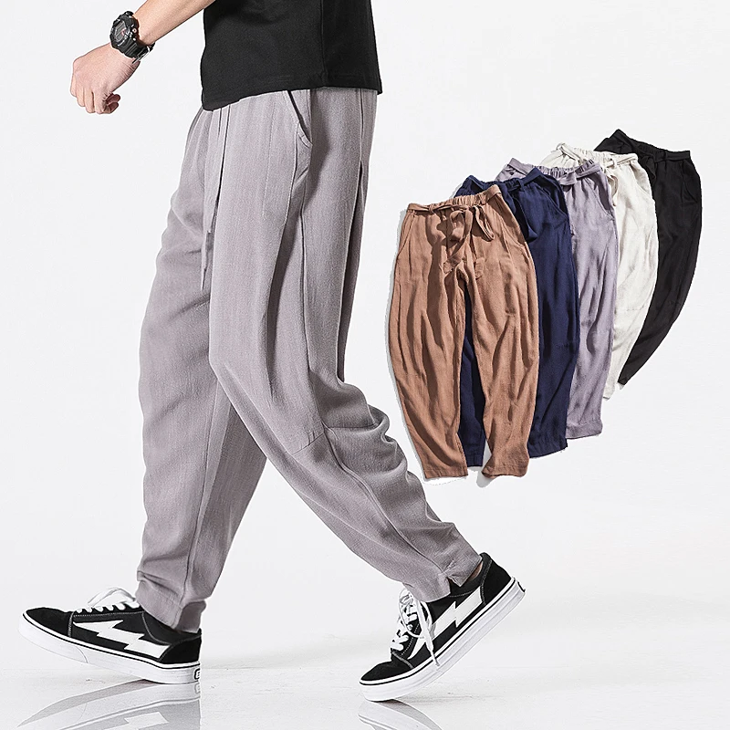 

New Top quality Men's Summer Casual Pants Natural Cotton Linen Trousers White Linen Elastic Waist Straight Men Casual Pants
